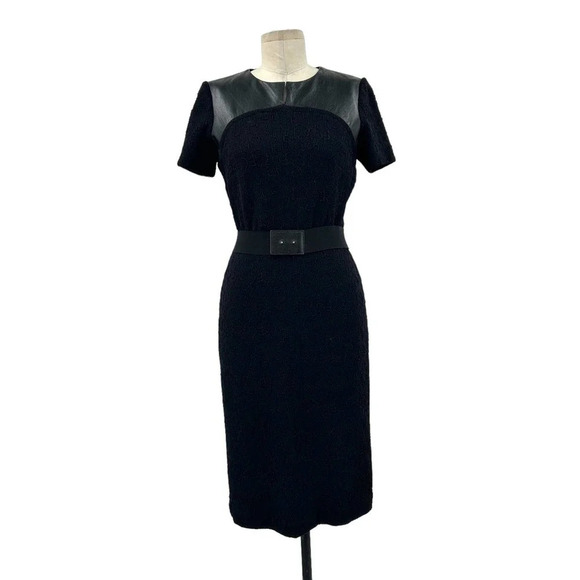 Teri Jon Sportswear Black Crepe Textured Leather Trim Sheath Dress Size 8 - Picture 1 of 10